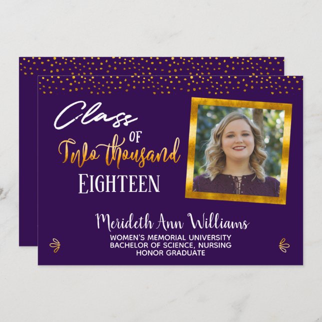 Ultra Violet Gold Confetti Photo Graduation Party Invitation (Front/Back)
