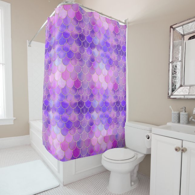Ultra Violet & Gold Mermaid Scale Pattern Shower Curtain (In Situ)