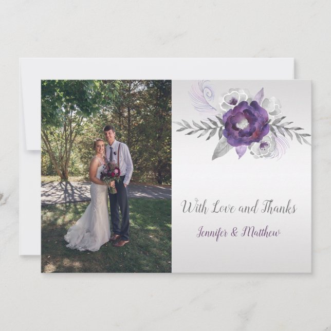 Ultra Violet Grey Silver Floral Photo Thank You Card (Front)
