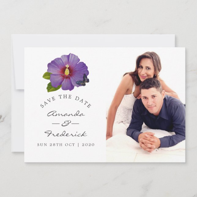 Ultra Violet Hibiscus Flower Wedding Save the Date (Front)