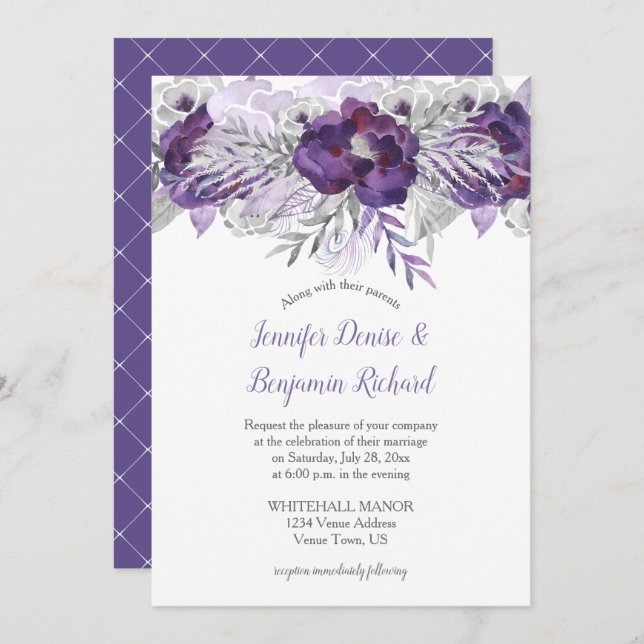 Ultra Violet Lavender Grey Floral Invitation (Front/Back)