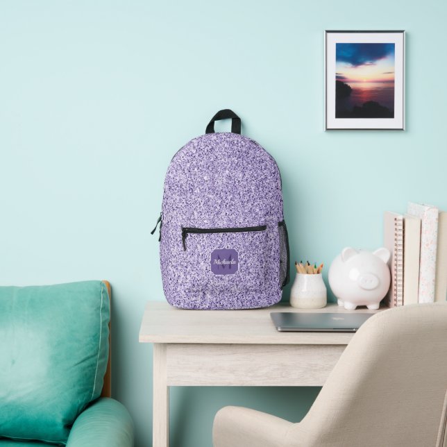 Ultra violet light purple glitter sparkle Monogram Printed Backpack (Insitu)