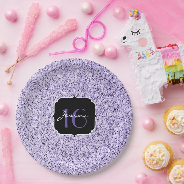 Ultra violet light purple glitter sparkle Sweet 16 Paper Plate (Party)