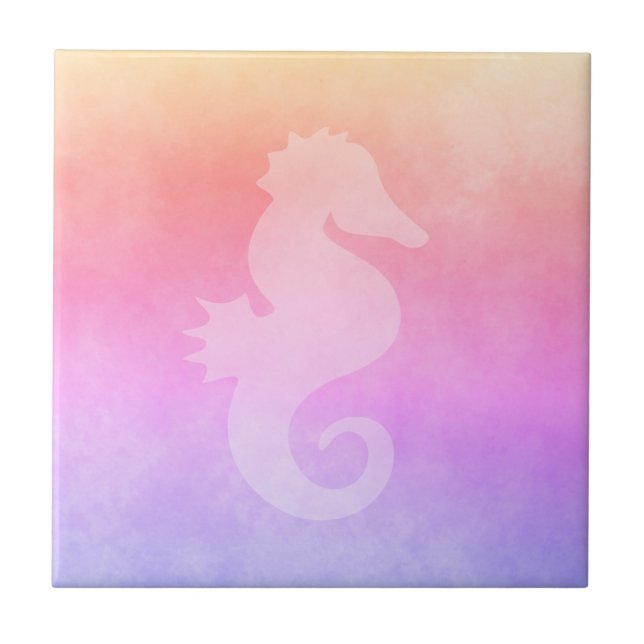 Ultra violet peach purple golden gradient seahorse ceramic tile (Front)