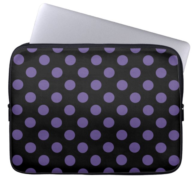 Ultra violet polka dots on black laptop sleeve (Front)