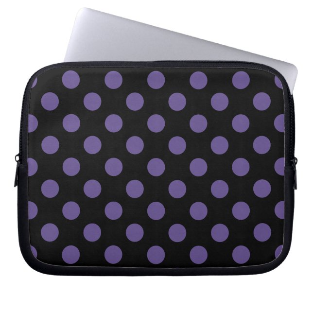Ultra violet polka dots on black laptop sleeve (Front)
