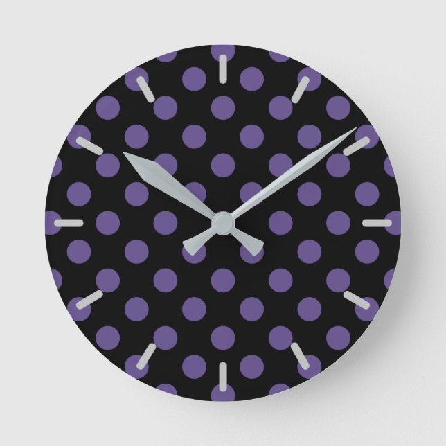 Ultra violet polka dots on black round clock (Front)