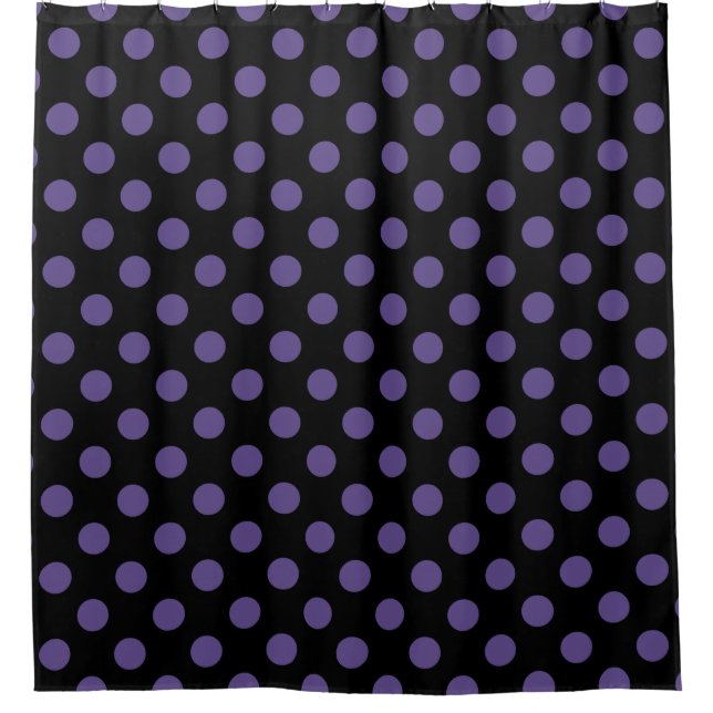 Ultra violet polka dots on black shower curtain (Front)