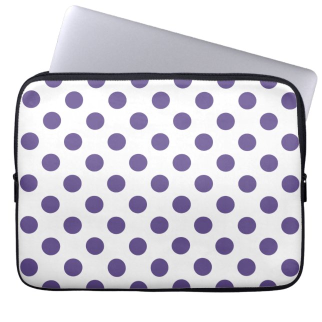 Ultra violet polka dots on white laptop sleeve (Front)
