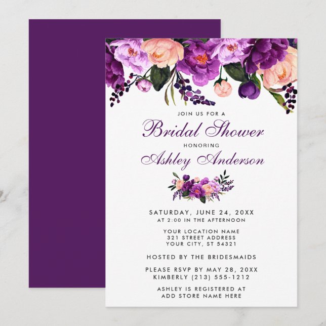 Ultra Violet Purple Floral Bridal Shower Invite PB (Front/Back)