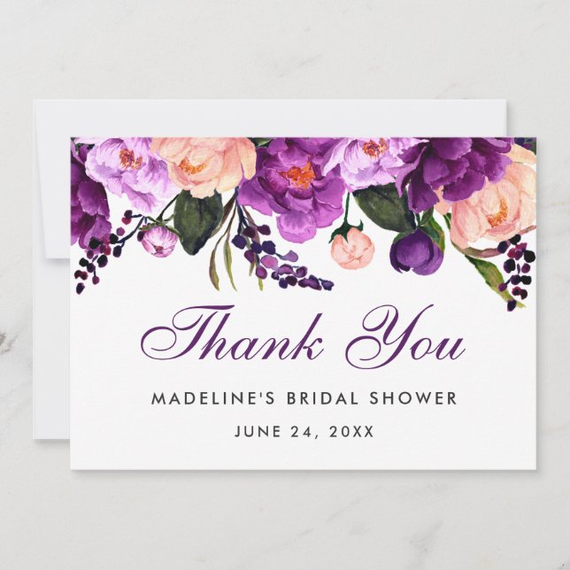 Ultra Violet Purple Floral Bridal Shower Thanks V Thank You Card (Front)