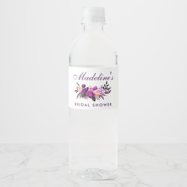 Ultra Violet Purple Floral Bridal Shower Water Bottle Label (Front)