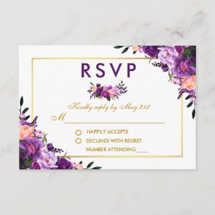 Ultra Violet Purple Floral Gold RSVP Wedding P Card