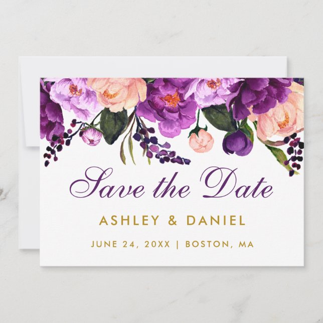 Ultra Violet Purple Floral Gold Save The Date (Front)