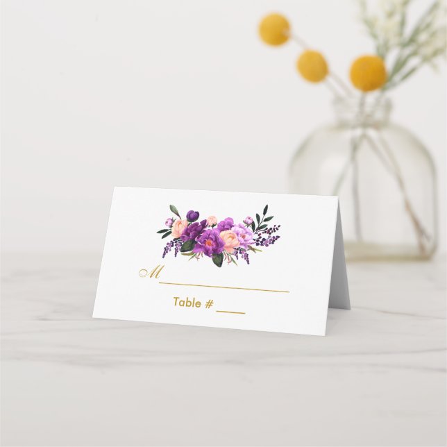 Ultra Violet Purple Floral Gold Wedding Place Card (Front)