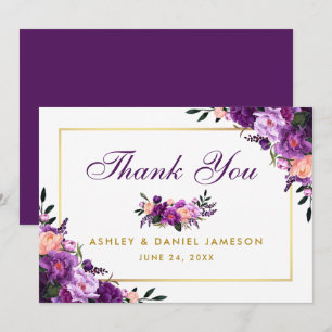 Ultra Violet Purple Floral Gold Wedding Thank You Card