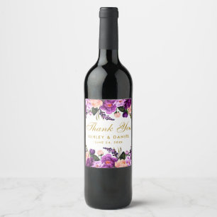 Ultra Violet Purple Floral Gold Wedding Wine Label