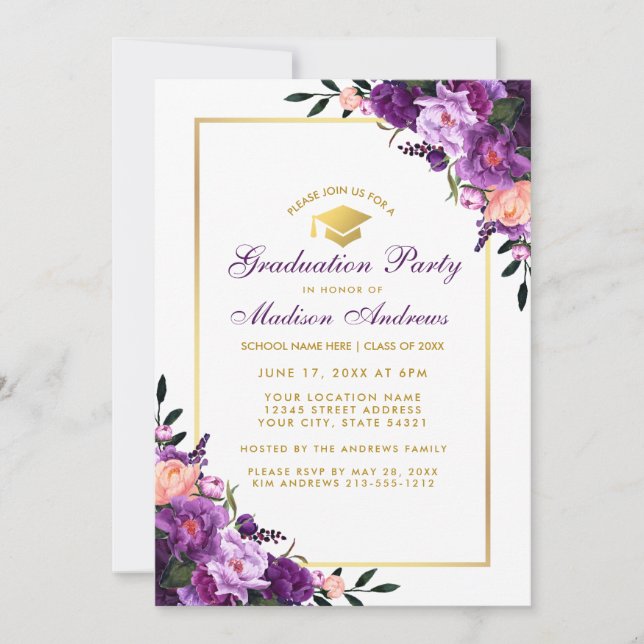 Ultra Violet Purple Floral Graduation Party Invite (Front)