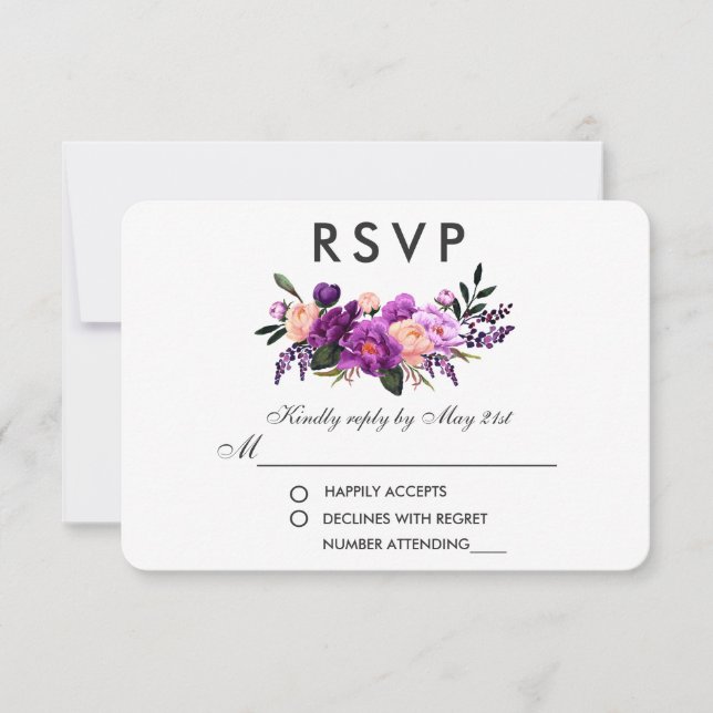 Ultra Violet Purple Floral Watercolor Wedding RSVP Card (Front)