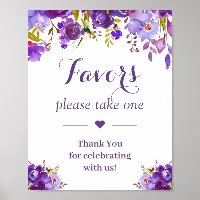 Ultra Violet Purple Floral Wedding Favours Sign (Front)