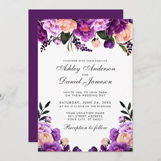 Ultra Violet Purple Floral | Wedding Invitation GP (Front/Back)
