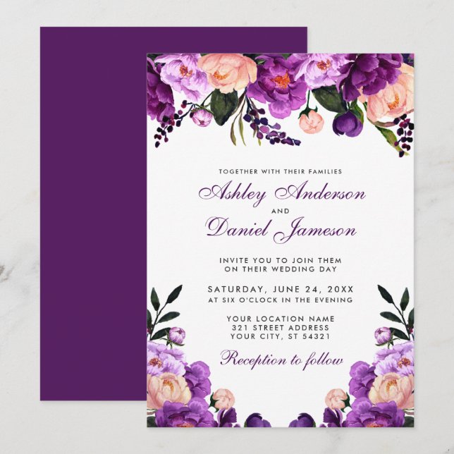 Ultra Violet Purple Floral | Wedding Invitation P (Front/Back)