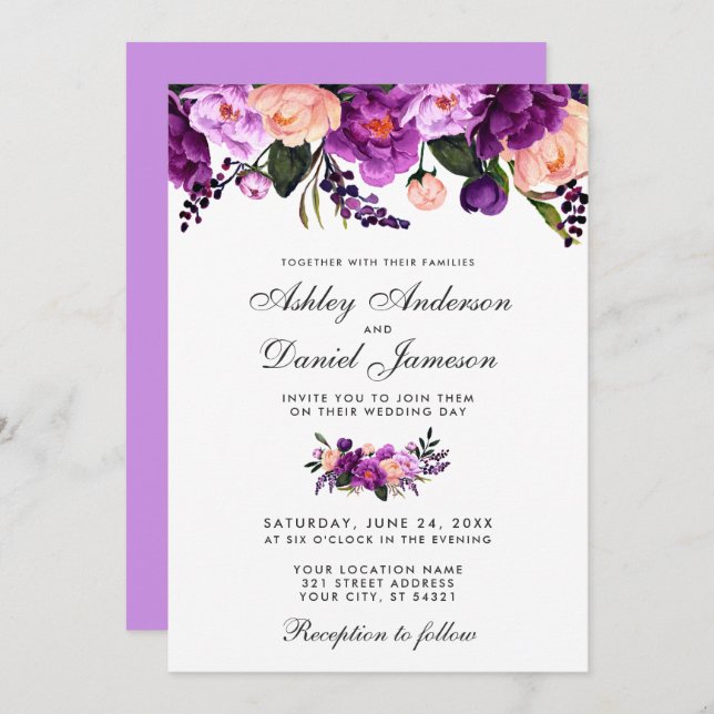 Ultra Violet Purple Floral Wedding Invitation VB (Front/Back)