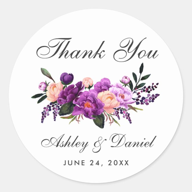 Ultra Violet Purple Floral Wedding Thank You Classic Round Sticker (Front)