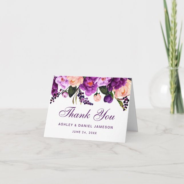 Ultra Violet Purple Floral Wedding Thank You Note (Front)