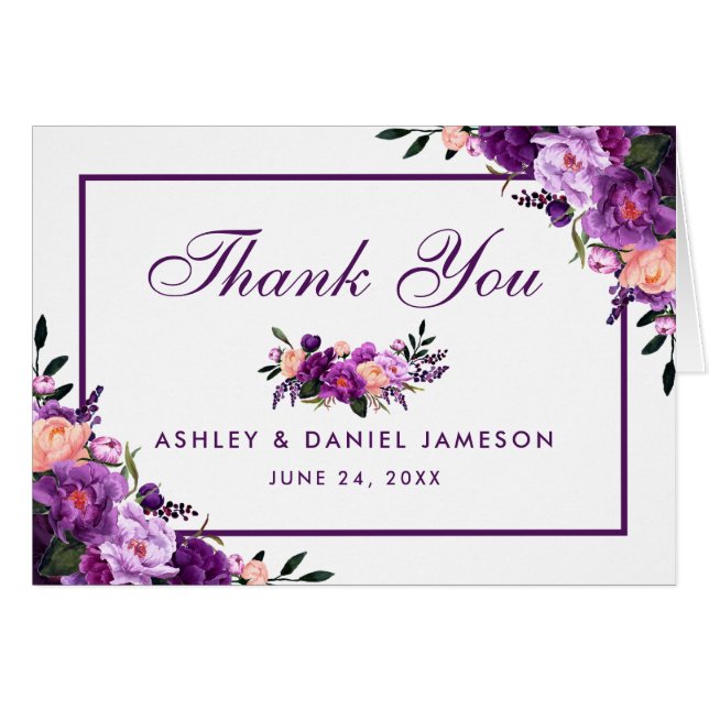 Ultra Violet Purple Floral Wedding Thanks Note PFP (Front Horizontal)