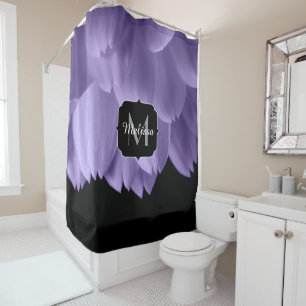 Ultra violet purple flower petals black Monogram Shower Curtain