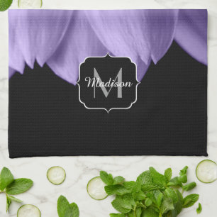 Ultra violet purple flower petals black Monogram Tea Towel