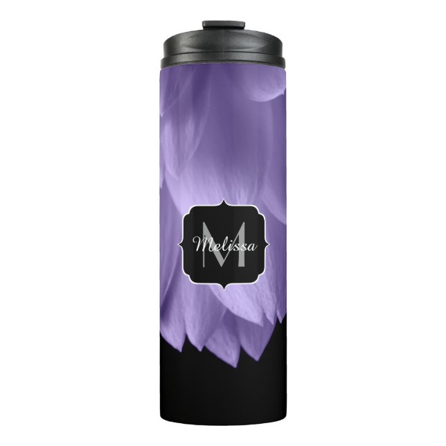 Ultra violet purple flower petals black Monogram Thermal Tumbler (Front)