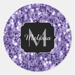 Ultra violet purple glitter sparkles Monogram Classic Round Sticker