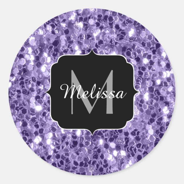 Ultra violet purple glitter sparkles Monogram Classic Round Sticker (Front)