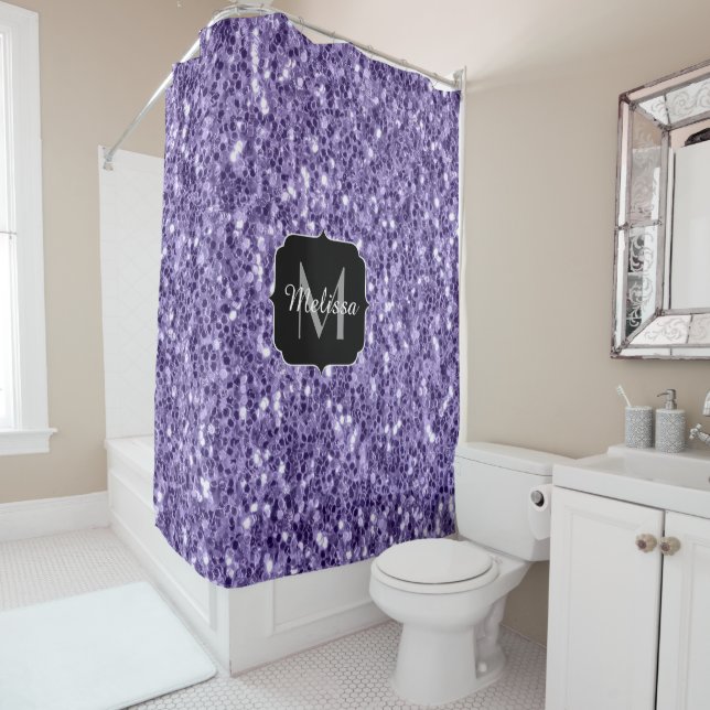 Ultra violet purple glitter sparkles Monogram Shower Curtain (In Situ)