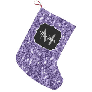 Ultra violet purple glitter sparkles Monogram Small Christmas Stocking
