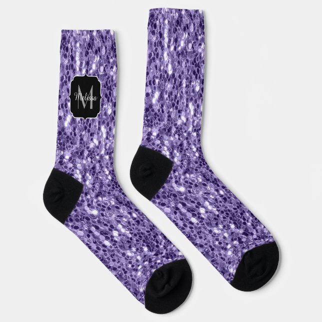 Ultra violet purple glitter sparkles Monogram Socks (Right)