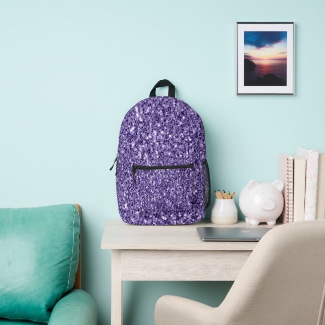Ultra violet purple glitter sparkles printed backpack (Insitu)