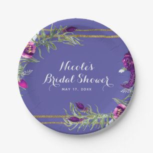 Ultra Violet Purple & Gold Floral Bohemian Chic Paper Plate