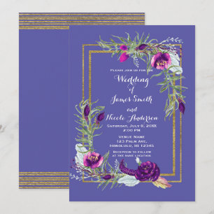 Ultra Violet Purple & Gold Floral Bohemian Wedding Invitation