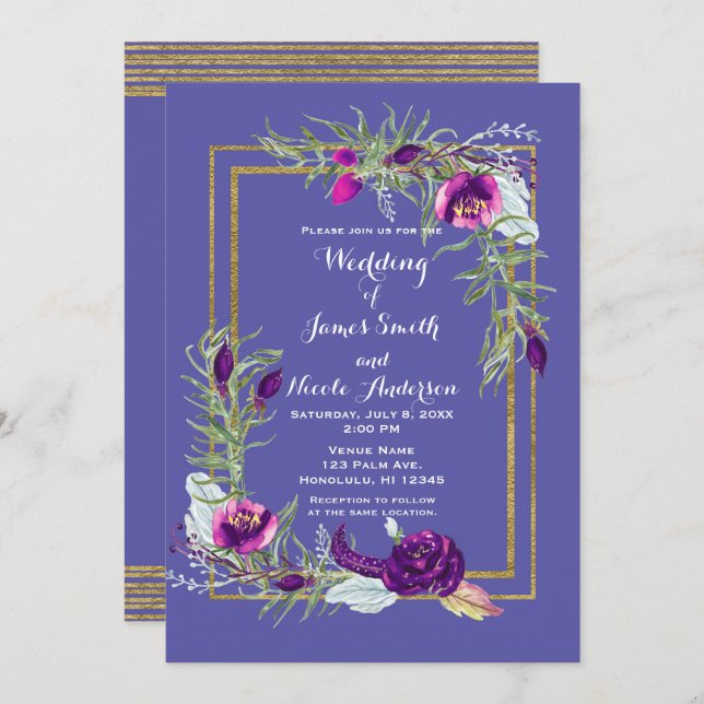 Ultra Violet Purple & Gold Floral Bohemian Wedding Invitation (Front/Back)