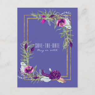 Ultra Violet Purple & Gold Floral Save the Date Announcement Postcard
