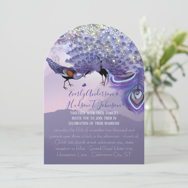 Ultra Violet Purple Green Copper Peacock Feather Invitation (Standing Front)