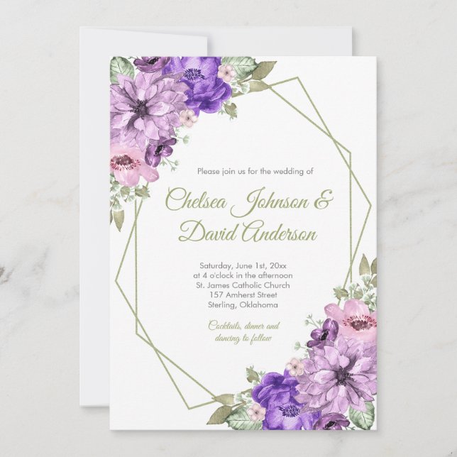 Ultra Violet Purple Pink Floral Geometric Wedding Announcement (Front)