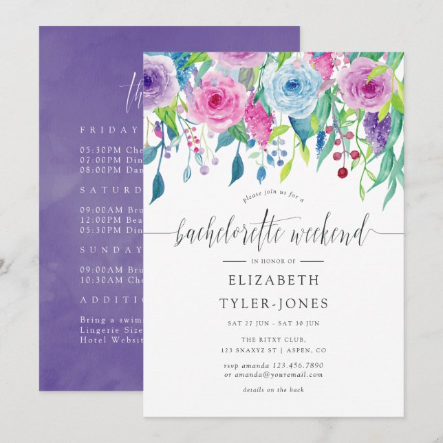Ultra Violet themed Floral Bachelorette Weekend Invitation (Front/Back)