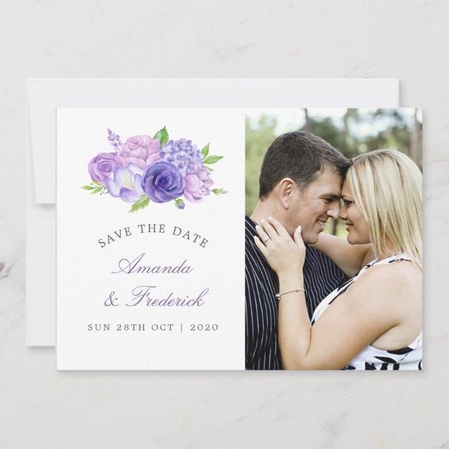 Ultra Violet themed Floral Wedding Save the Date (Front)