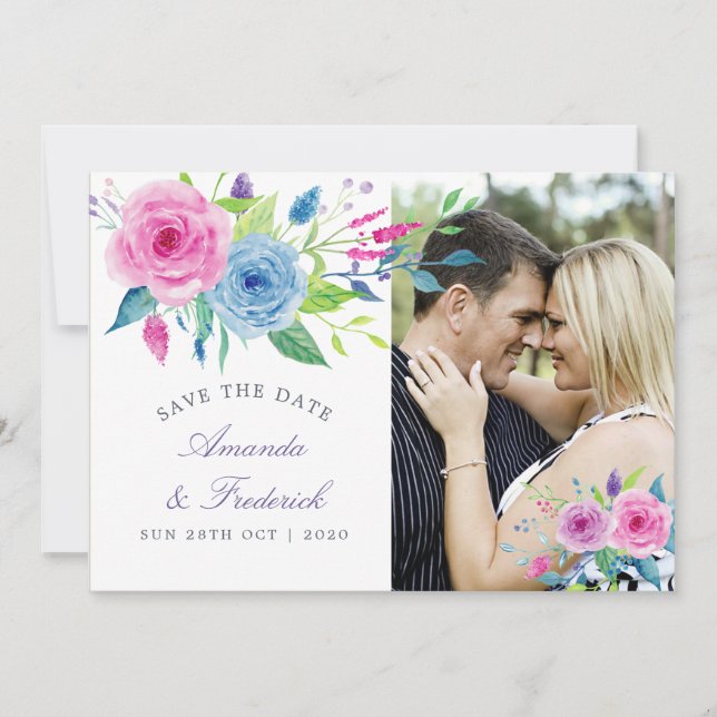 Ultra Violet themed Floral Wedding Save the Date (Front)