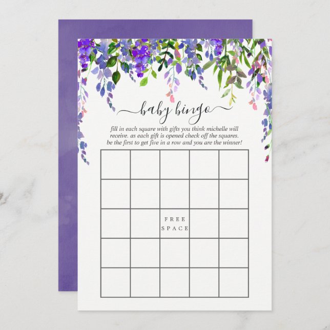 Ultra Violet Watercolor Floral Baby Bingo Invitation (Front/Back)