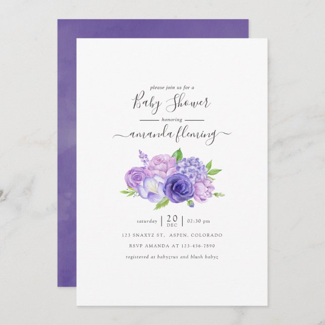Ultra Violet Watercolor Floral Baby Shower Invitation (Front/Back)